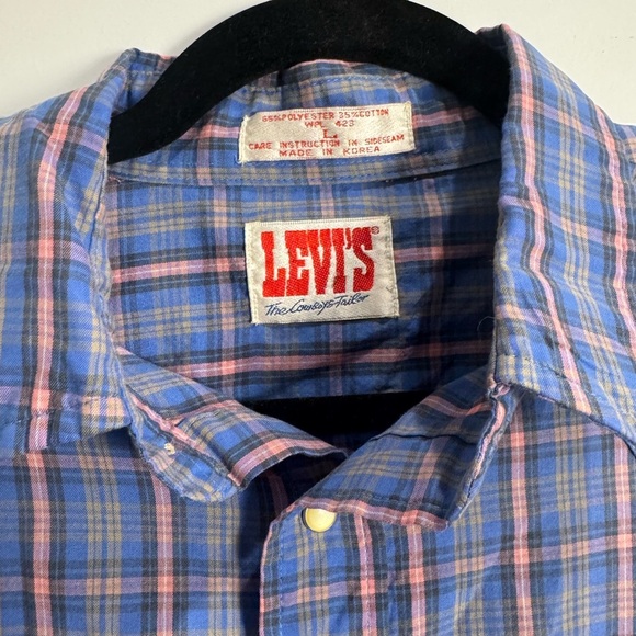 vintage 80s LEVIS PINK AND BLUE PLAID WESTERN PEARL COWBOY - Picture 3 of 9